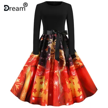 

Black A-Line Midi Print Christmas Party Dress Women Long Sleeve Elegant Vintage Autumn Winter Casual Dress Robe Femme Plus Size