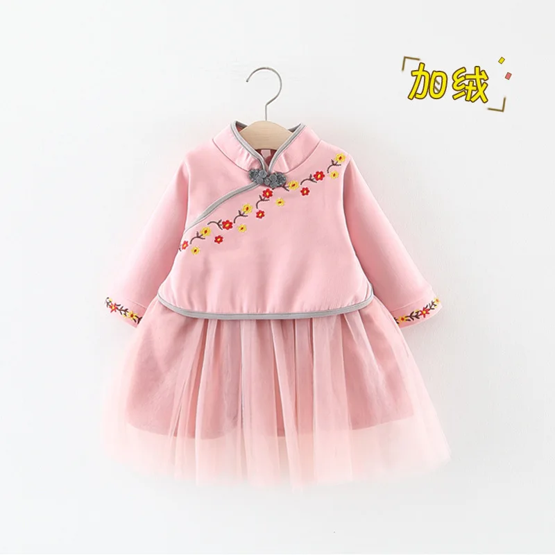 pink ; коллекция года; платье с вышивкой сливы и вельветовое платье для девочек - Цвет: pink