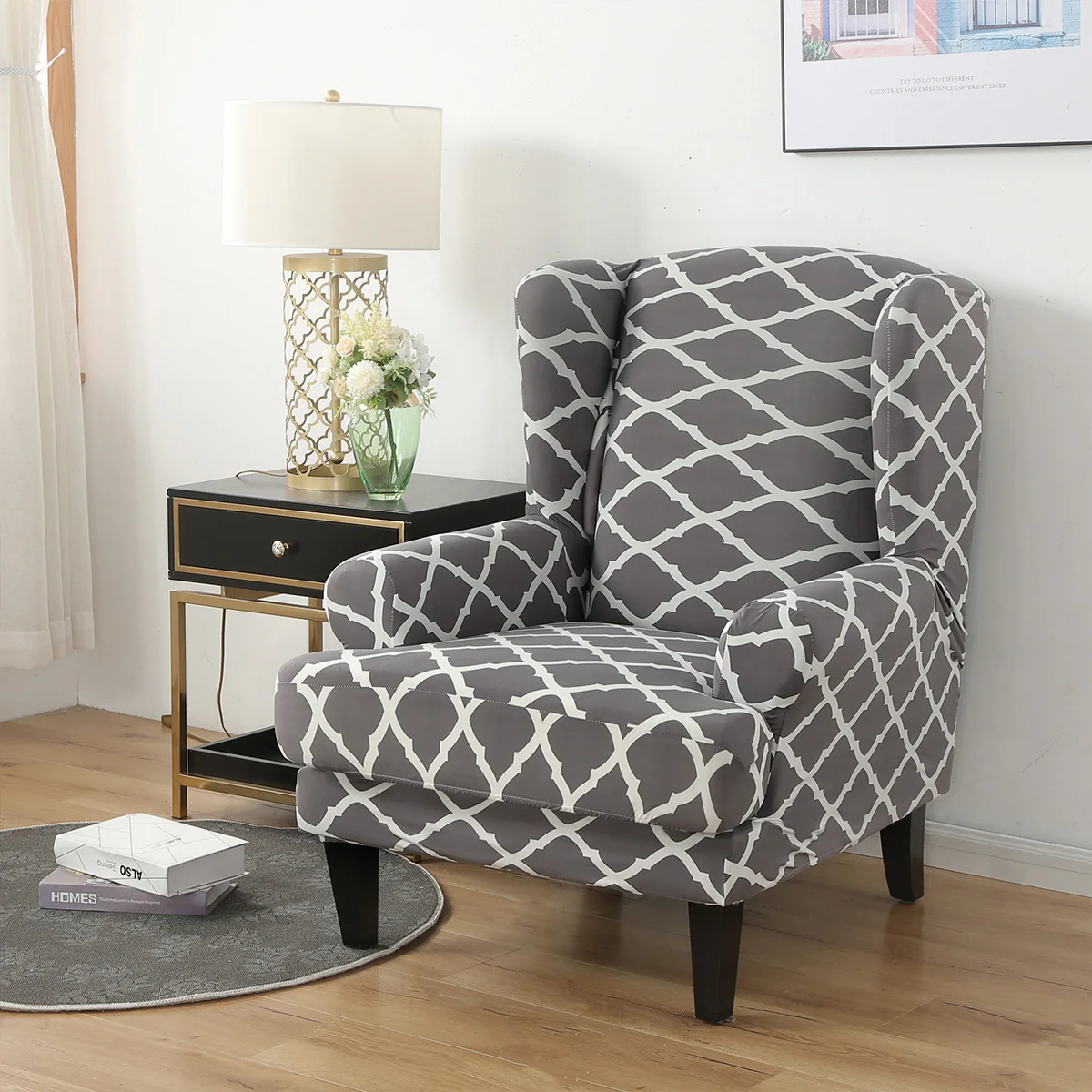 

Wing Back Slipcover Stretch Wingback Armchair Chair Printed Polyester Cover Waterproof Protector Wing Chair Elastic Spandex