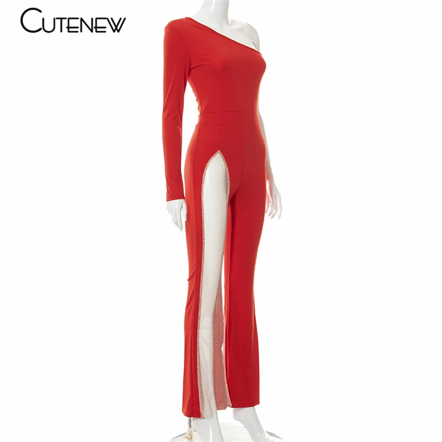 Sexy Mesh Patchwork One Shoulder Playsuits Women Elegant Solid Skinny Flare Pants Jumpsuit Fashion Lady Party Streetwear 8 Sexy Mesh Patchwork One Shoulder Playsuits Women Elegant Solid Skinny Flare Pants Jumpsuit Fashion Lady Party Streetwear