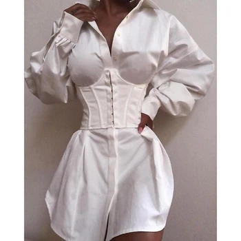 

Solid Long Sleeve Tight Waist Buttoned Shirt Dress Women Solid color white plunge dress Turn down collar short vestidos