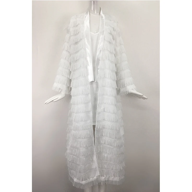 Длинная белая кружевная блузка с кисточками Кимоно с длинными рукавами, кардиган Mujer, тонкое теплое длинное пальто, женские платья, рубашки, блузки, осень