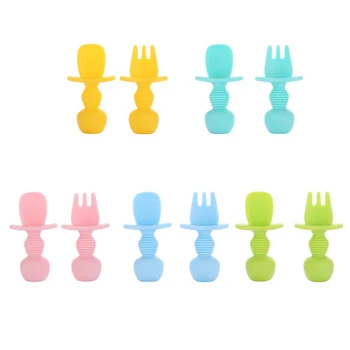 

2PCS Baby Utensils Feeding Training Tableware Infant Kids Children Food Supplement Silicone Short Handle Fork+Spoon Eating Set2