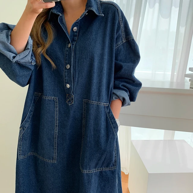 Women's Autumn Long Sleeve Denim Shirt Dress Button Pocket Jeans Maxi Dresses Casual Loose Female Street Wear Denim Robe 4