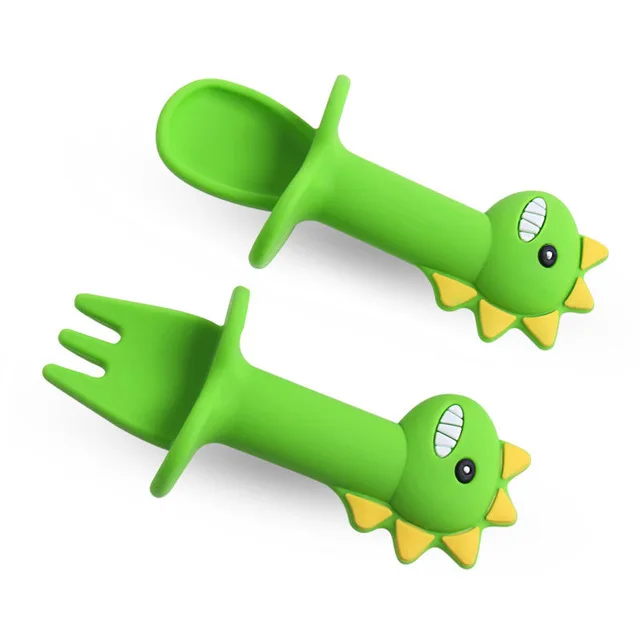 2Pcs-Set-Baby-Learn-Spoon-Fork-Set-Short-Easy-Spoon-Cartoon-Dinosaur-Silicone-
