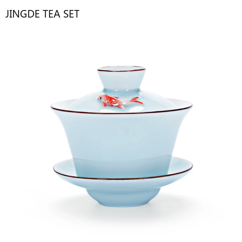 Chinese Ceramic Small Fish Gaiwan Teacup Travel Tea Bowl Handmade Celadon Teaware Accessories Drinkware Personal Cup 140ml