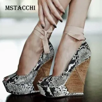 

MStacchi New High Quality Women Sandals Snakeskin Pattern Peep Toe Ankle Lace-Up Sexy Female Platform High Heel Shoes Size 35-47