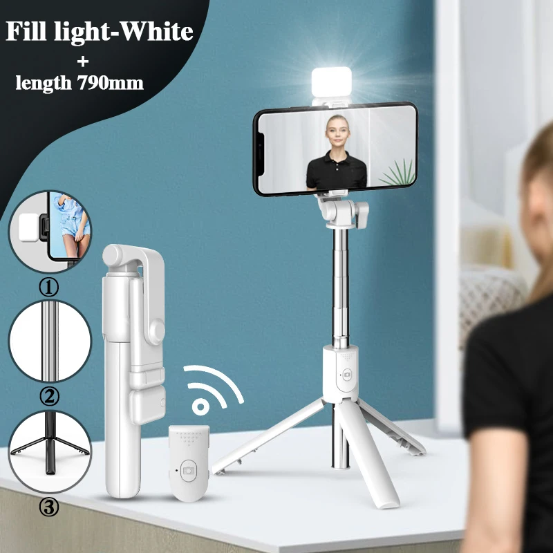 Selfie Stick Wireless Bluetooth Compatible Foldable Mini Tripod for Phone with Fill Light Shutter Remote Control for Ios Android