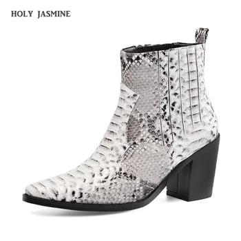 

2019 New Full Genuine Leather Boots Women Shoes Spring Autumn Boots Slip on Snake Ladies Motorcycle Boots High Heels Ankle Botas