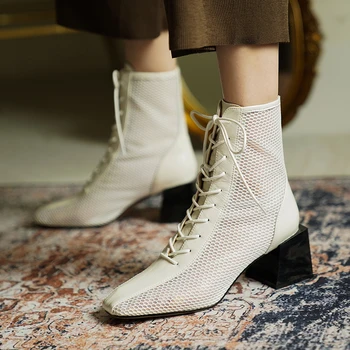 

Leather fashion high-heeled sandals 2020 summer new front lace back zipper mesh boots wild square head thick heel sandals Z958