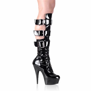 

Black patent-leather boots with multiple straps and buckles, zipper boots for ladies