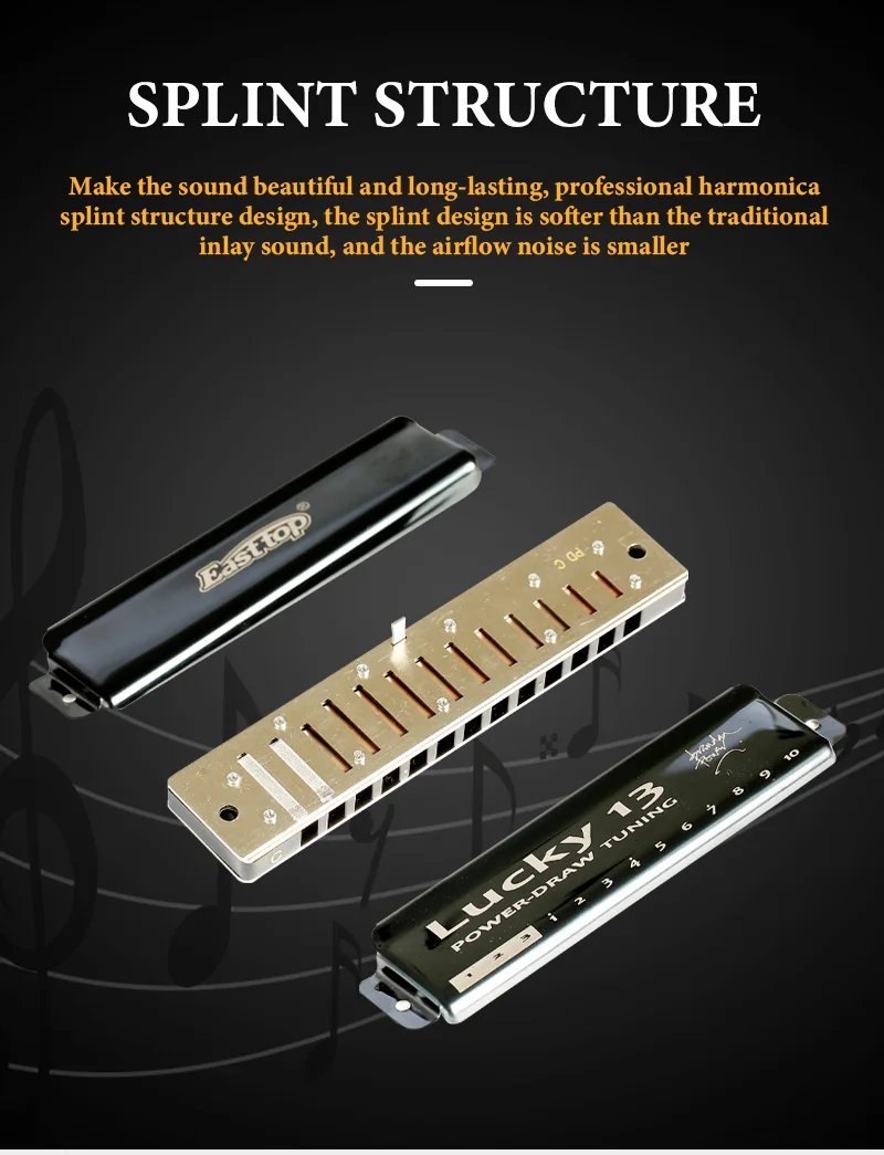 Description Picture 5 of itemEASTTOP LUCKY 13 Holes PowerDraw Harmonica Professional Musical Instruments With Case For Adults Student Professional Players