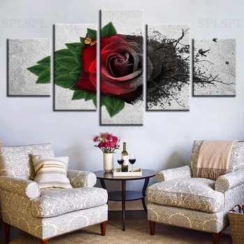 

Modular Canvas Wall Art Pictures 5 Pieces Red Garden Roses Flowers Painting HD Printed Butterfly Poster Living Room Home Decor