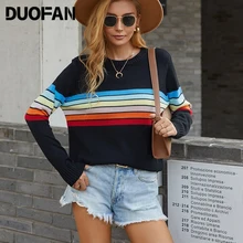 

DOUFAN Autumn and Winter Fashion Student Stitching Sweaters 2021 New Rainbow Loose Pullover Striped OL Sweater Women