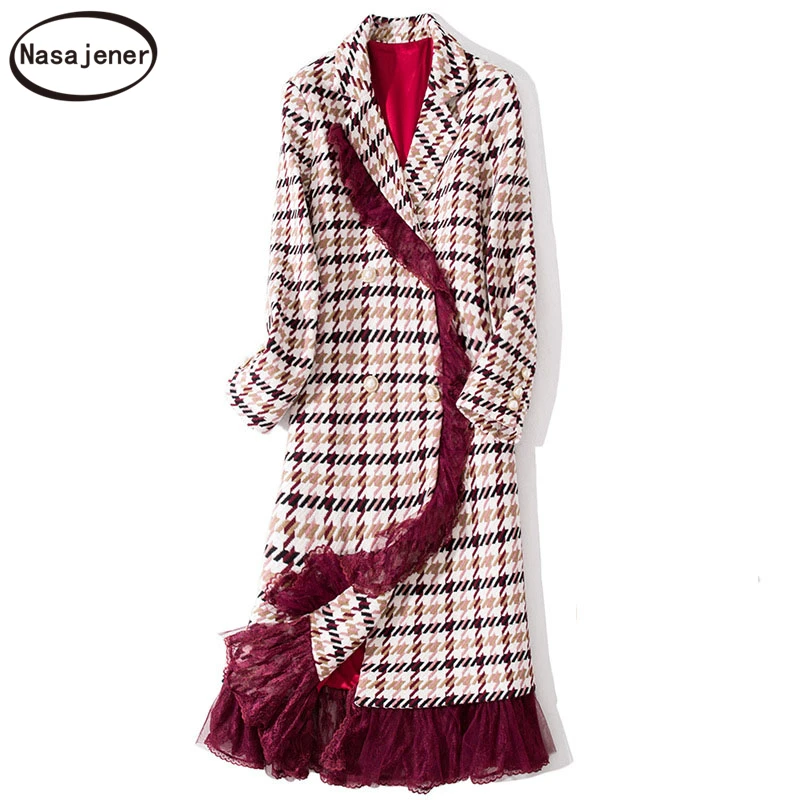 

High Quality High-End Winter Fashion Temperament Lapel Lace Ruffled Loose Long-Sleeved Textile Braid Woolen Overcoat