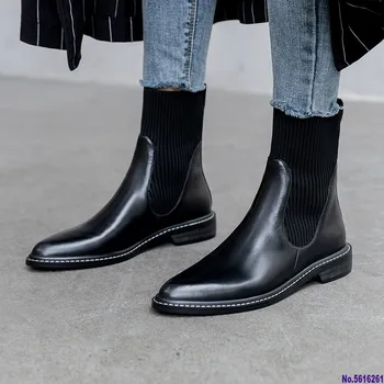 

Fashion Women Genuine Leather Knitting Ankle Boots Winter New High Heels Party Night Club Shoes Woman Chelsea Boots