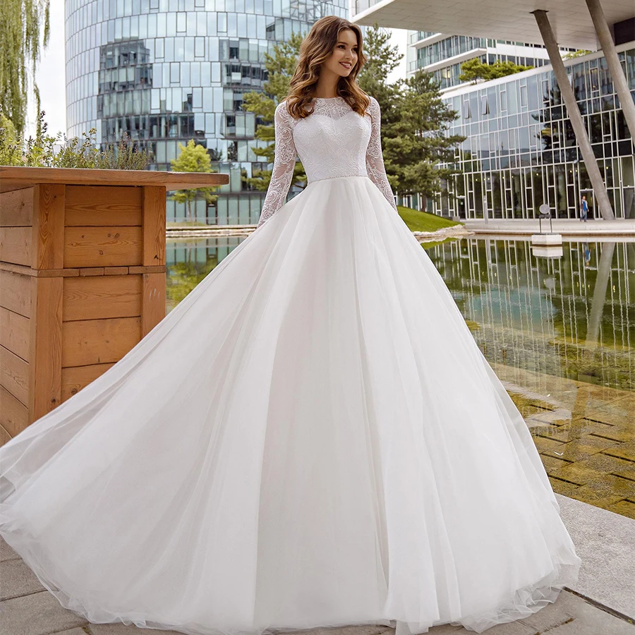 

Gorgeous Long Sleeves Lace Muslim Wedding Dresses Robe De Mariee Jewel Neck Tulle A-line Bridal Gowns Real Wedding Dress