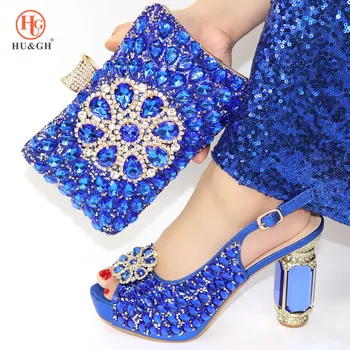 

2020 Royal Blue Color African Women Shoes And Bag Set Heels Nigerian Shoes and Bag With Rhinestones For Evening Party Wedding
