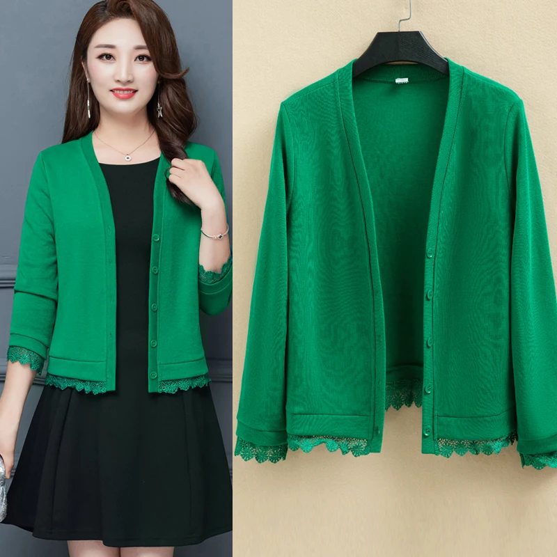 

Autumn women's short coat wild knit cardigan lace edge large size shawl long-sleeved slim wild solid color female jacket