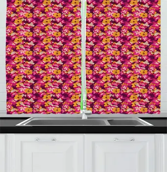 

Purple Magenta Mustard Hibiscus Kitchen Curtains Exotic Blossoms Bouquets Fragrance Aloha Flowers Hawaiian Summer Motif Window