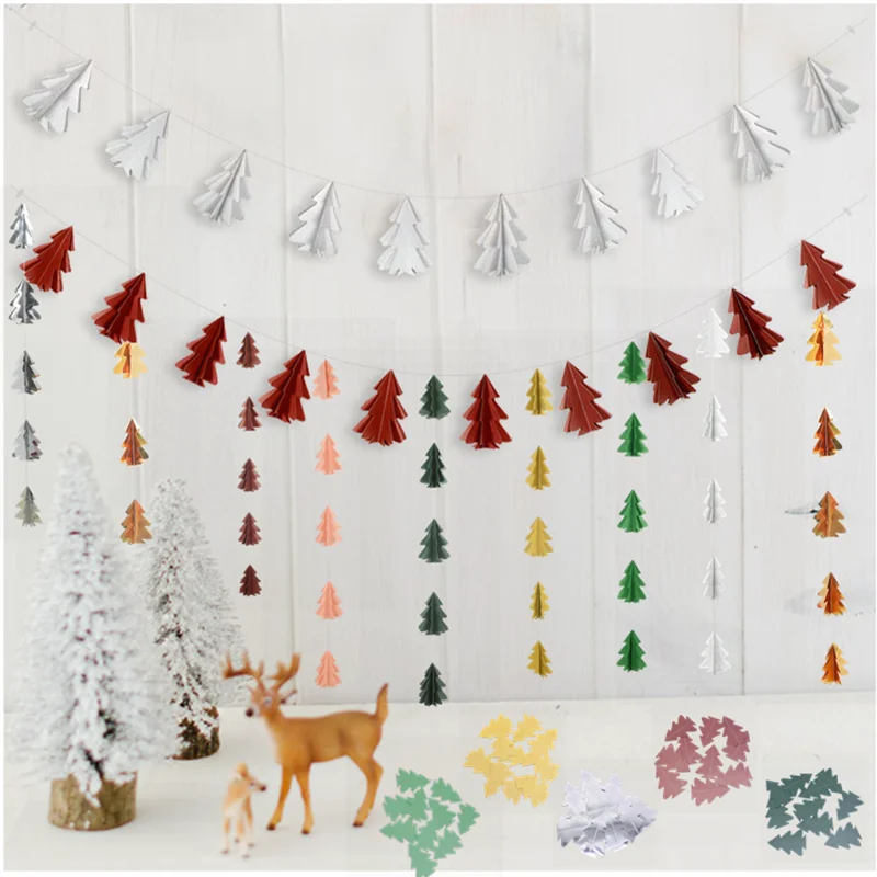

1pc 2.5M Length 3D Christmas Tree Shaped Banner Paper Garland for Christmas New Year Party Background Hanging Decor Supplies 8z