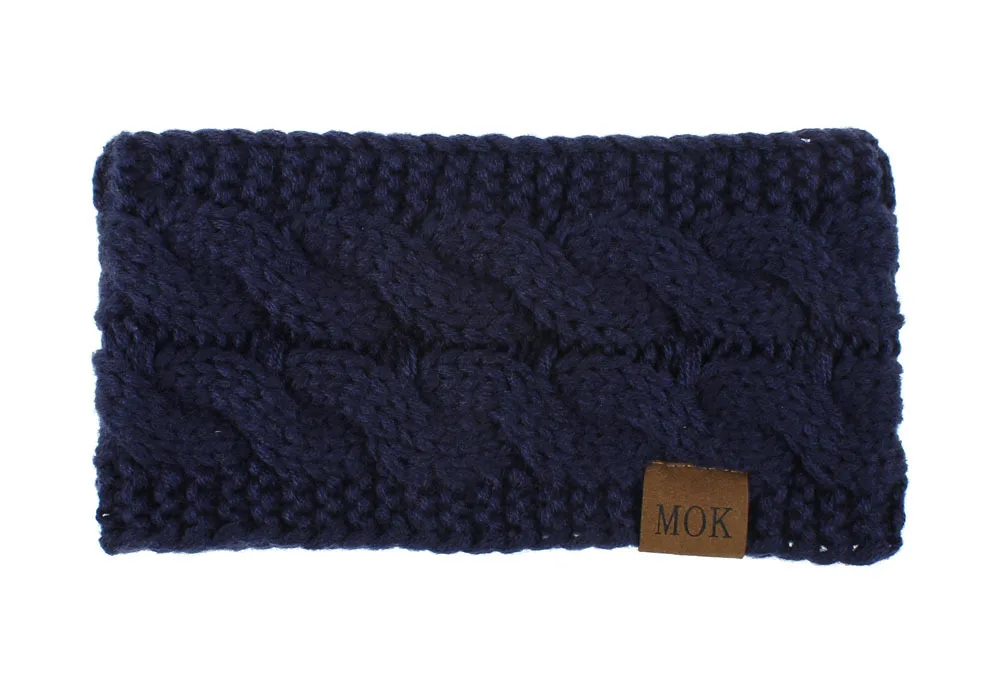 7 Navy with MOK Широкая вязанная шерстяная повязка на голову, зимняя теплая Ушная повязка для женщин, вязаные крючком аксессуары для волос в виде тюрбана, повязка на голову для девушек, головные уборы, теплые ушные вкладыши WH110D - Цвет: 7 Navy with MOK