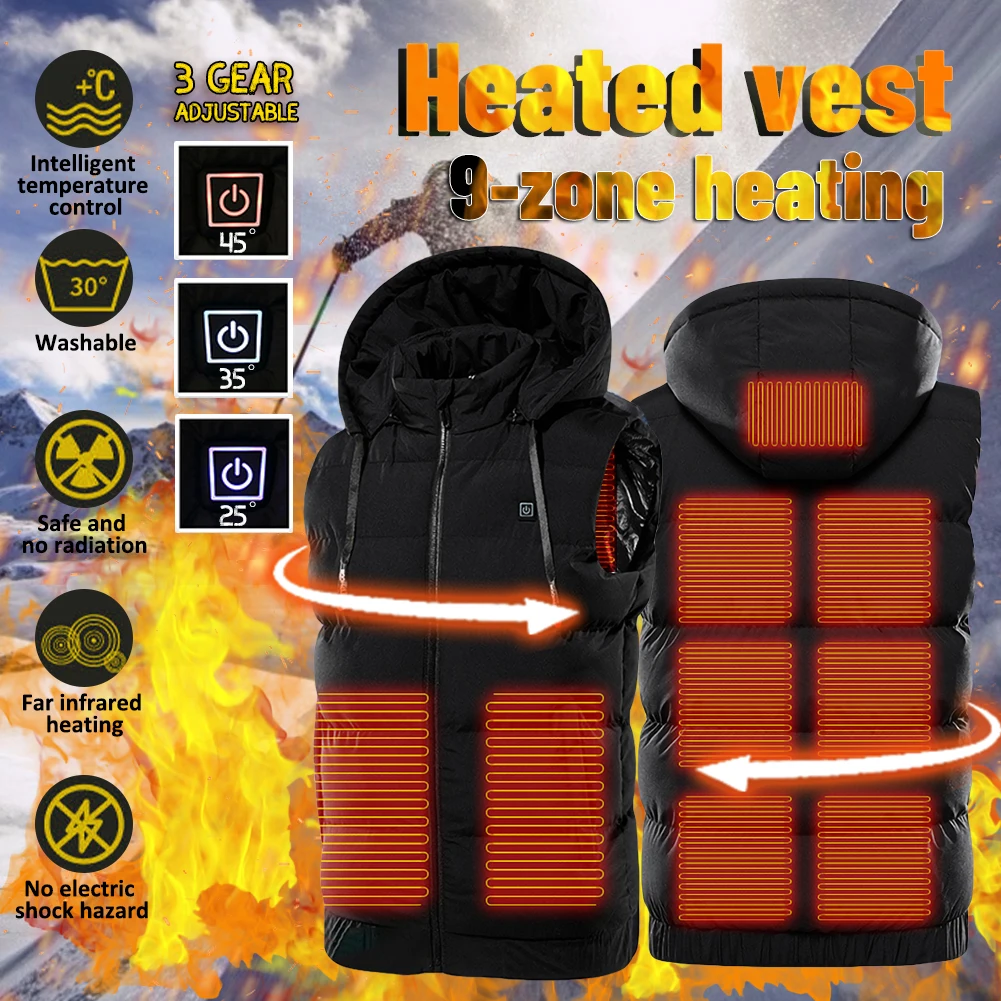 

9 Heating Pads Jacket 5XL 6XL 7XL Winter Outdoor Men's Electric Heated Vest with 9 Zones Lightweight Waistcoat USB Heating Vest