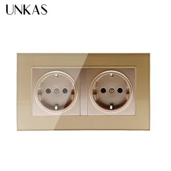 

UNKAS Double Outlet 146 mm 86 mm Gold Luxury glass panel Wall Power Dual Socket Plug Grounded, 16A EU Standard Electrical