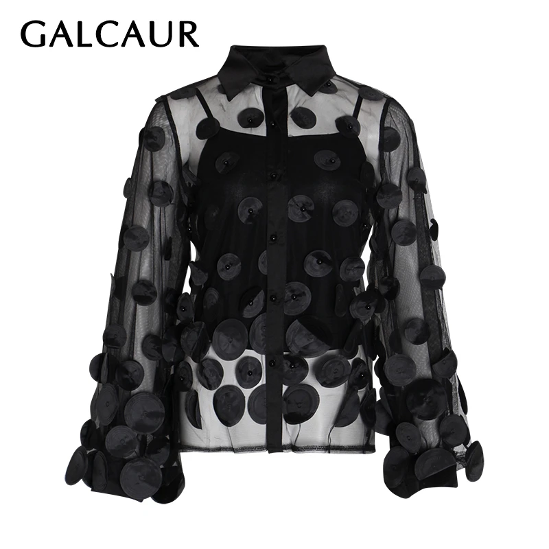 GALCAUR Perspective Appliques женские рубашки с отворотом воротник фонарь длинным рукавом