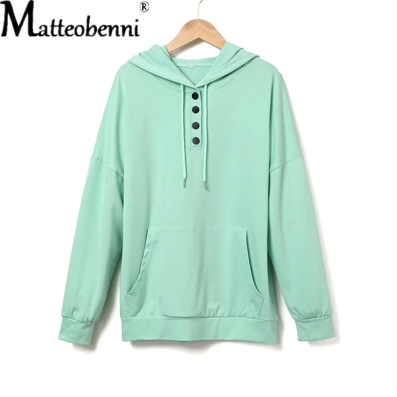 Hoodie Aesthetic Streetwear Women Autumn Winter Casual Solid Color Button Drawstring Hooded Pullover Ladies Fashion Sweatshirt