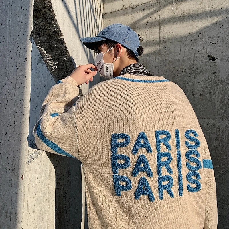 

YUECHE Autumn And Winter Men's Youth New Hit Color Flocking V-neck Sweater Letters Intarsia Decoration Thick Loose