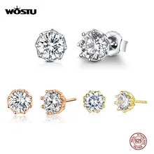 WOSTU, 3 цвета, 925 пробы, Серебряный сверкающий светильник, серьги-гвоздики, розовое золото, маленькие серьги для женщин, свадебные ювелирные изделия, FIE499