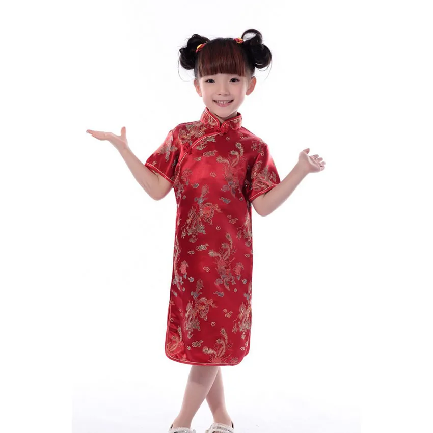 Children Girls Vintage Oriental Chinese Traditional Costumes Cheongsams Dragon Embroidery Satin Silk Dresses for Kids Girls