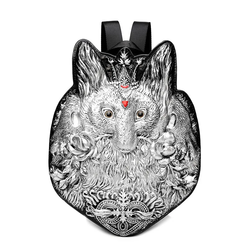 

Men Backpack Rivet 3D Fox Vintage Gothic Carving Embossed Shoulder Bag Travel Backpack Restore Halloween Cool Leather Laptop Bag