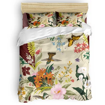 

Home Comforter Bedding Set Flowers Birds Butterflies Retro Style Painting Bedding Set 4 Pcs Duvet Cover Bedding Set Luxury