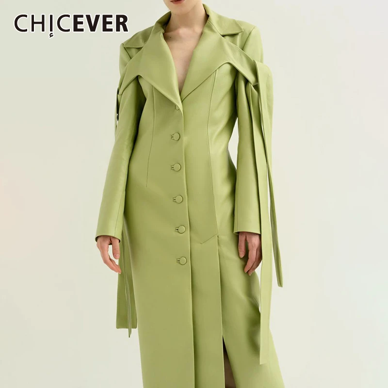 Женское пальто из искусственной кожи CHICEVER на шнуровке с отложным воротником и