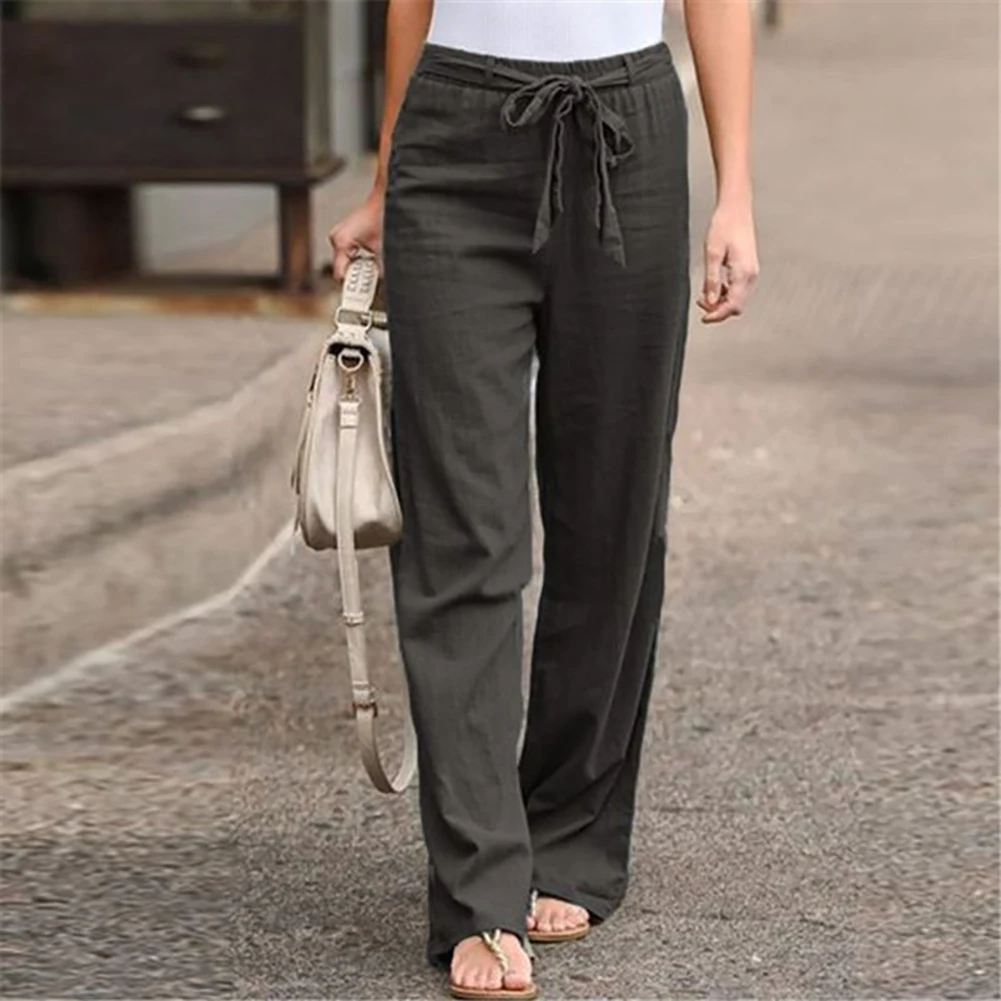 Women Casual Solid Color High Waist Belt Wide Leg Long Straight Pants Trousers