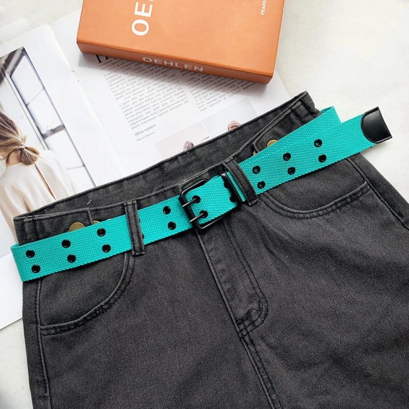 

Harajuku Wide Belt Canvas Web Double Grommet Hole Buckle Belt Female Male Hot Waist Strap Belts For Women Men Jeans