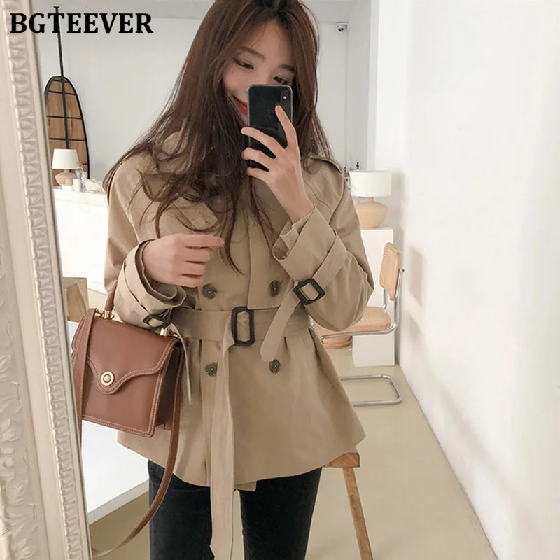 

BGTEEVER Fashion Ladies Double-breasted Workwear Trench Coats Women Loose Short Female Belted Outerwear 2019 Winter Windbreaker