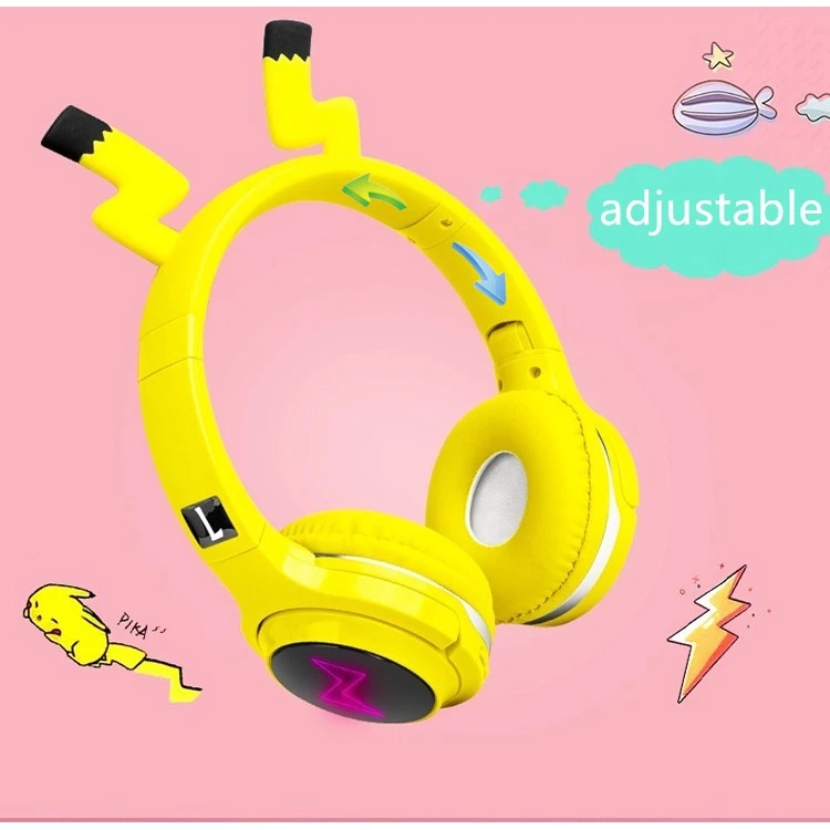 Cute Pikachu Kids Bluetooth 5 0 Headset LED Headphones support SD Card Audio Cable Headphone for Boy Girl Children Headphones