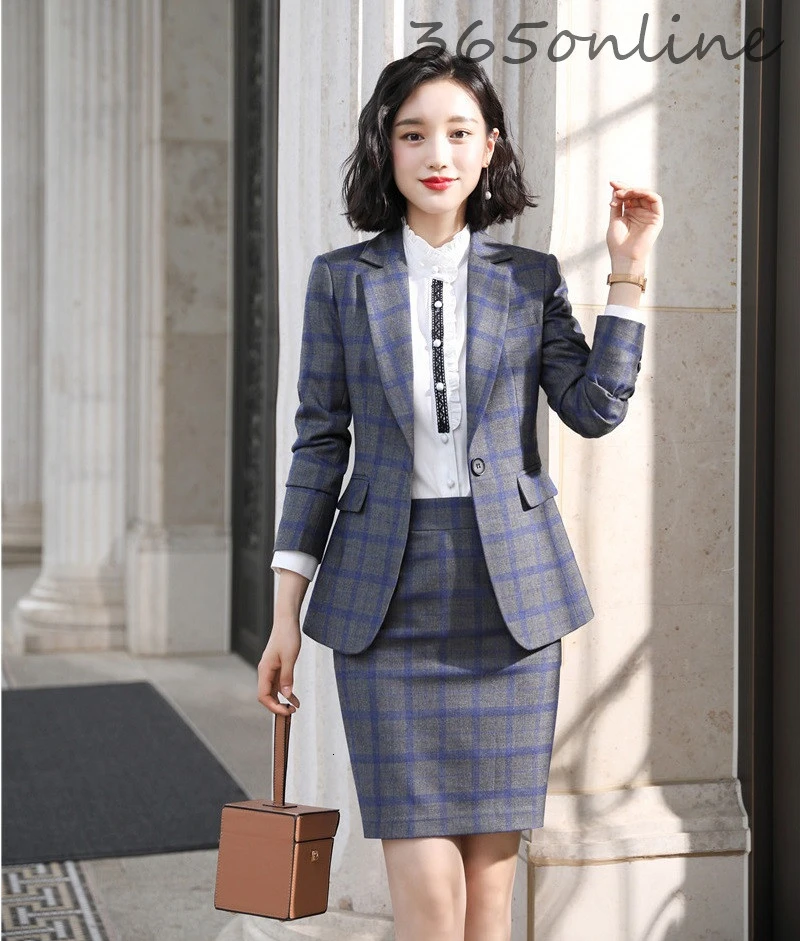High Quality Fabric Elegant Plaid Autumn Winter Formal Women Business Suits with Skirt and Tops Ladies Office OL Styles Blazers