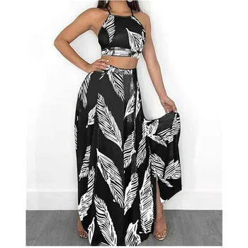 

2Pcs Women Boho Floral Summer Sexy Halter Neck Crop Top Tank + Skirt Long Maxi Beach Suit Outfit Dress Beachwear