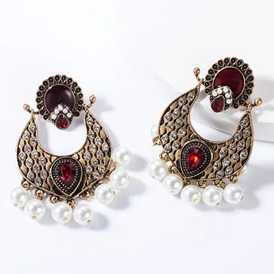WHOMEWHO Antique Gold Handmade Pearl Beads Indian Jhumki Jhumka Drop Earrings Vintage Hiphop Pop Party Jewelry Royal Accessory - Окраска металла: red