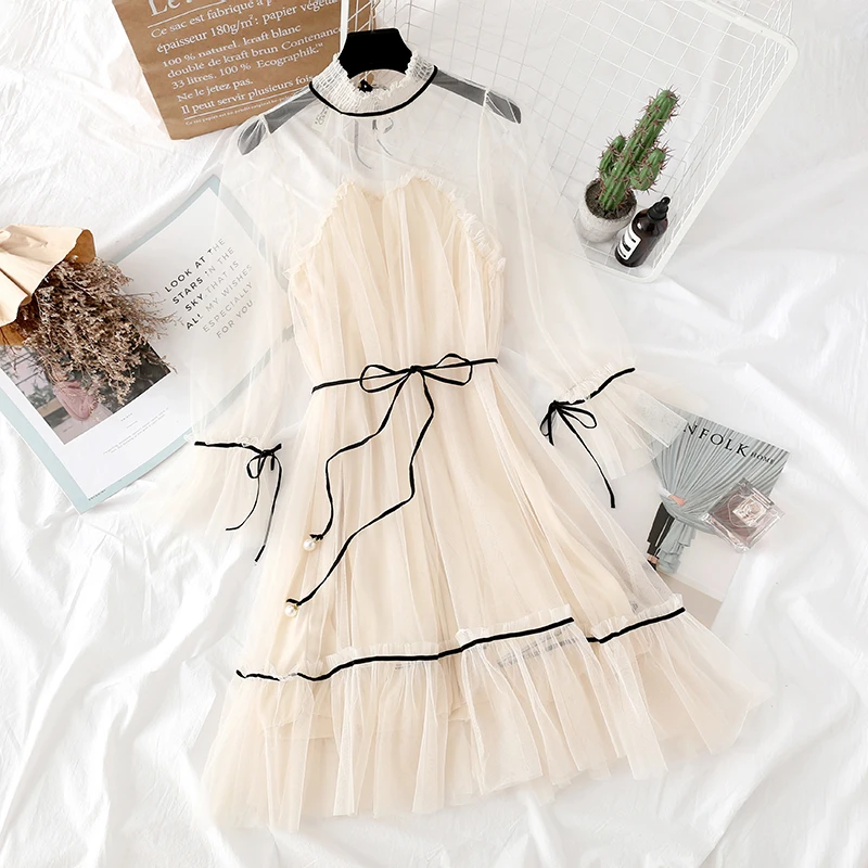 Women Dress Spring Fashion Flare Sleeve Contrasting Trim Sweet Mesh Dress With Pearl Stopper Belt Ladies Elegant Midi Dress