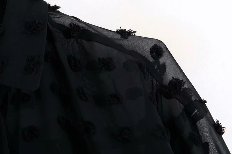 Стильная шифоновая блузка в горошек с вышивкой, женская прозрачная рубашка с длинным рукавом, модные черные повседневные блузки с отложным воротником