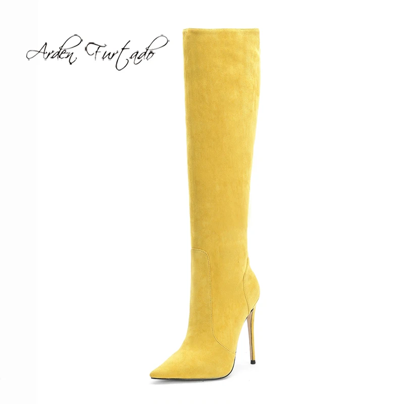 Arden/Модная женская обувь на меху; зимние элегантные женские сапоги на шпильке с острым носком; цвет желтый, бежевый, белый; сапоги до колена