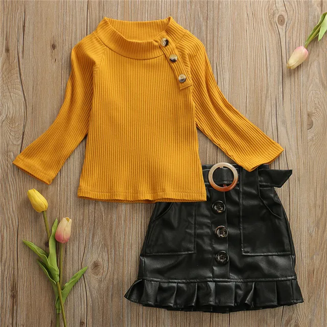 Toddler Kids Baby Girls Clothes Long Sleeve Pullover Sweater Tops Button PU Leather Ruffles Skirts 2pc Children Girls Outfits 2