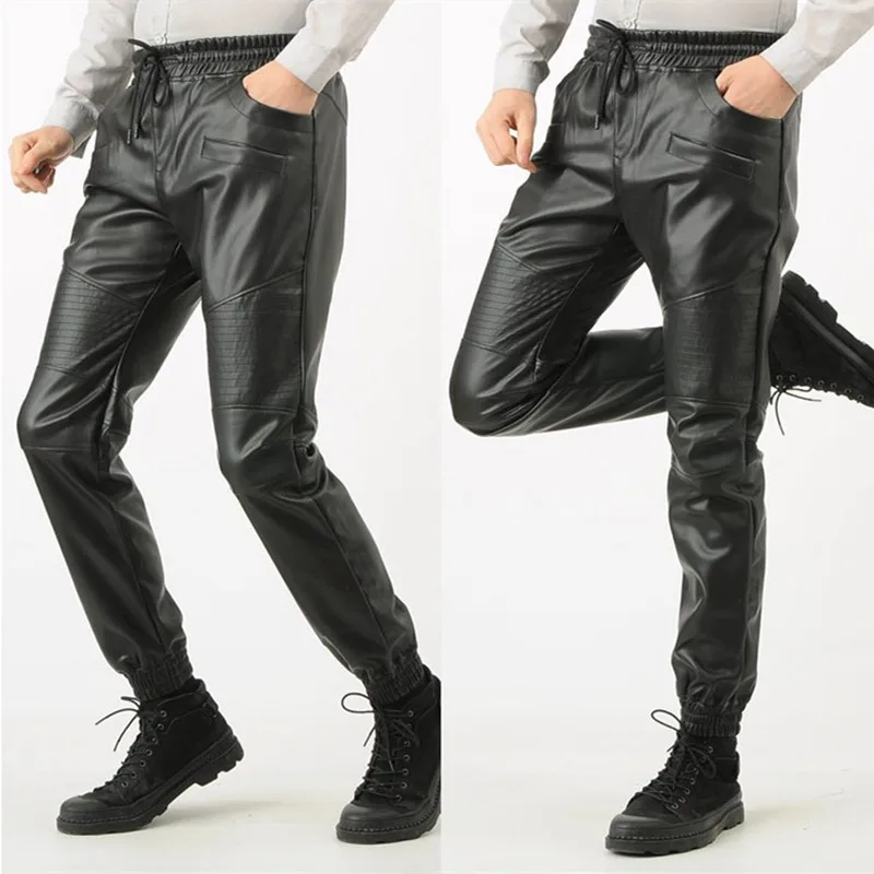 

High Quality Faux PU Leather Harlan Pants Men Black Spring Fall Male Trousers Mens Hip Hop Fashion Casual Streetwear Motorcycle