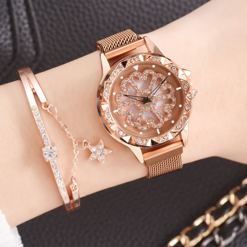

Luxury Rose Gold Watch Women Special Design 360 Degrees Rotation Diamond Dial Watches Mesh Magnet Starry Sky Ladies Watch Quartz