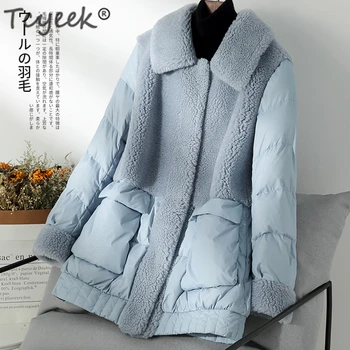 

Tcyeek Real Fur Coat Female Winter Duck Down Jacket Women Vintage Long Sheep Shearing Jacket Thick Warm Wool Down Coat Hiver 350